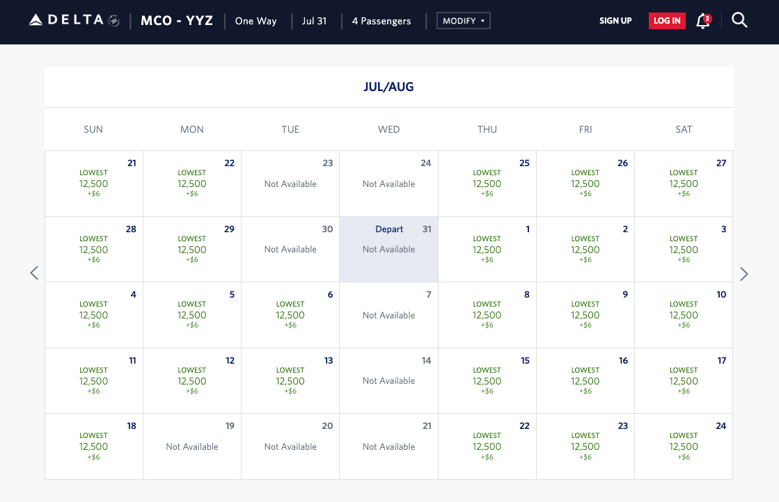 WestJet award availability through Delta from Orlando to Toronto for summer 2024