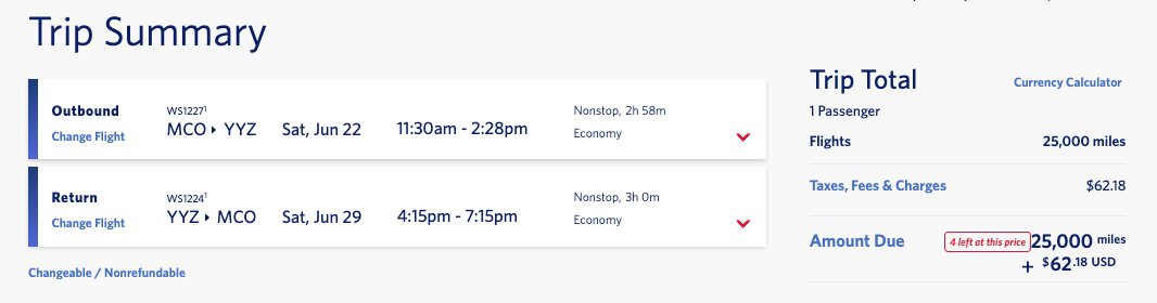 A WestJet flight booked with Delta miles from Orlando to Toronto