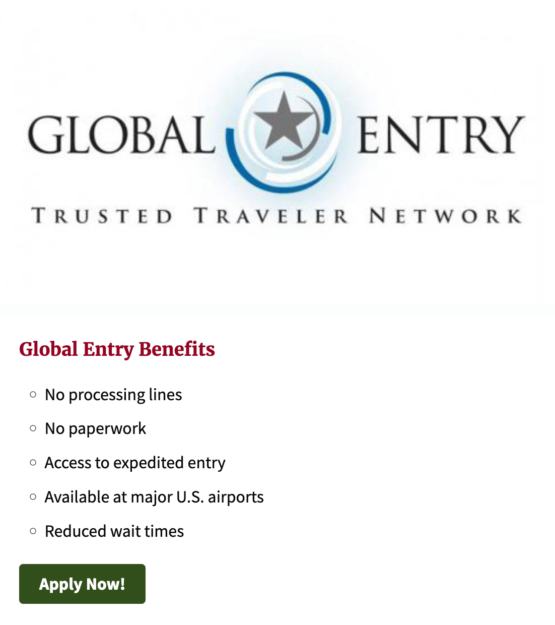 screenshot of details of Global Entry