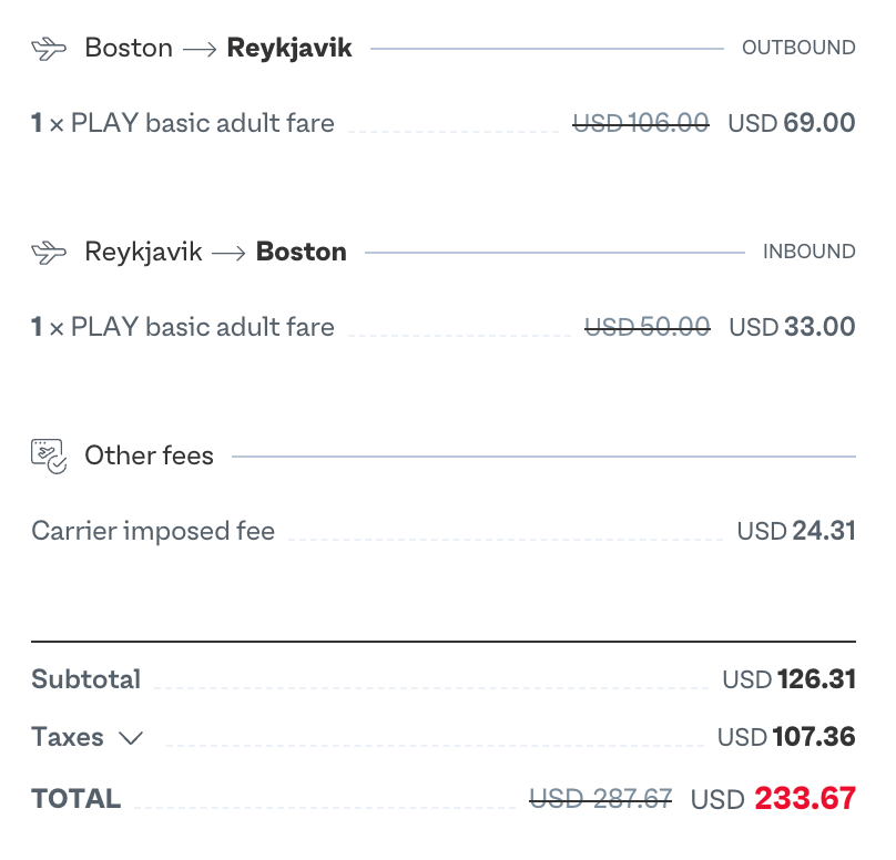 screenshot of Play flight BOS-KEF