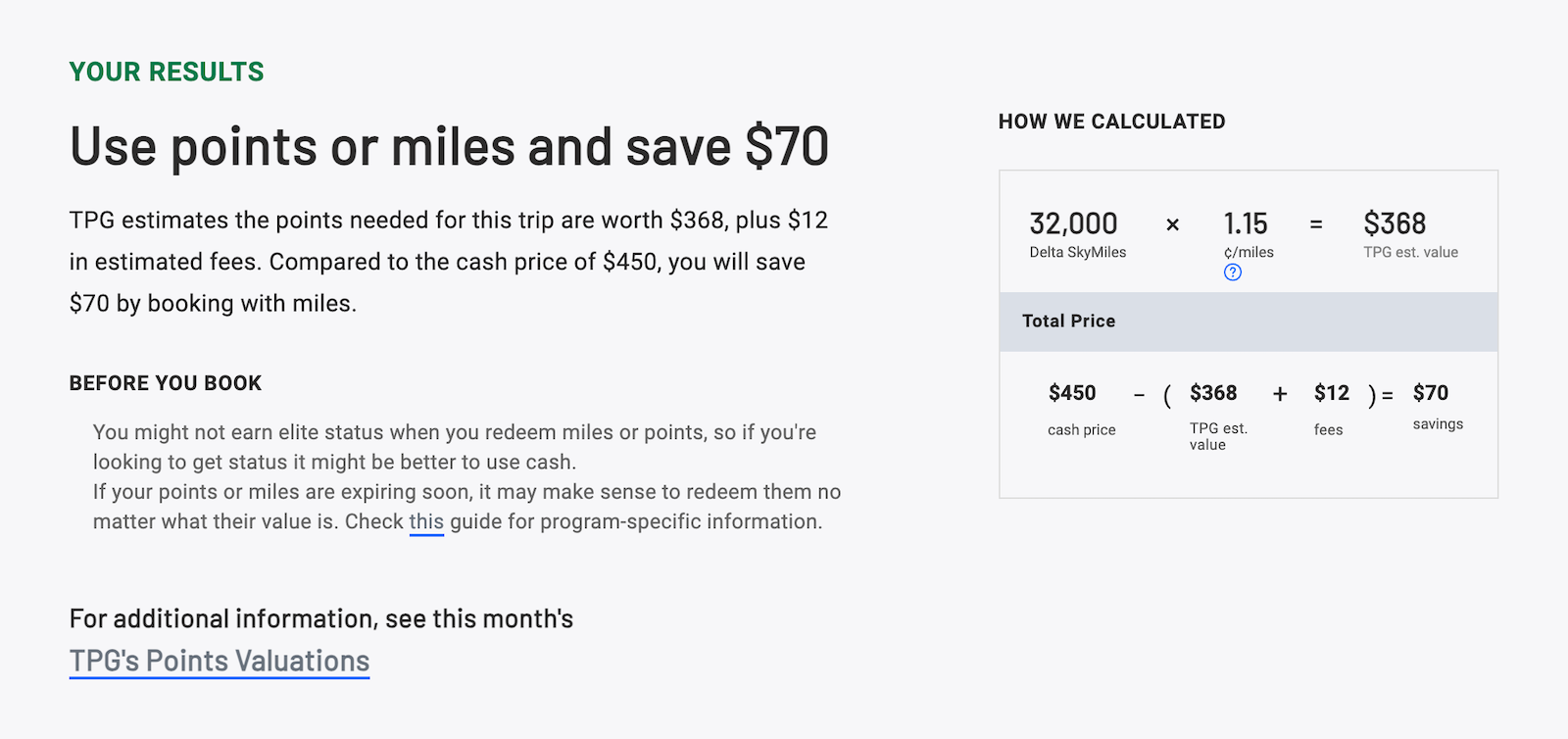 TPG points vs cash calculator