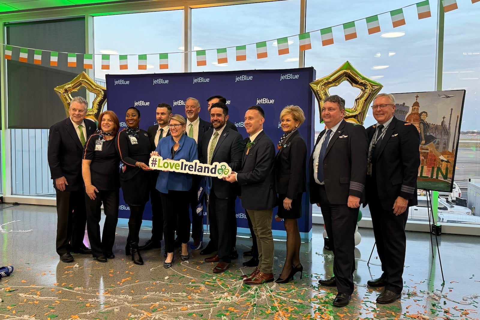 A gate celebration marks the launch of JetBlue's Dublin service in March 2024