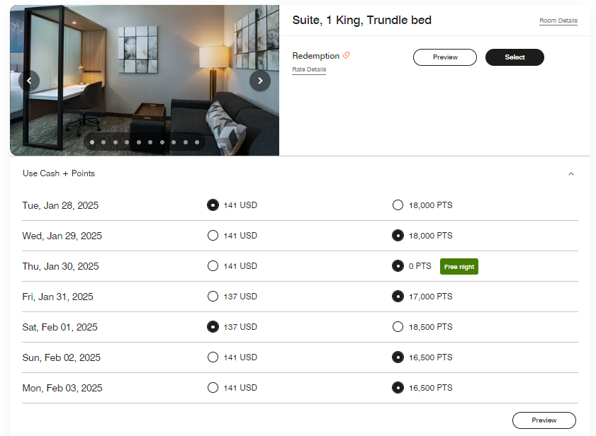 Fifth night free on points + cash stay