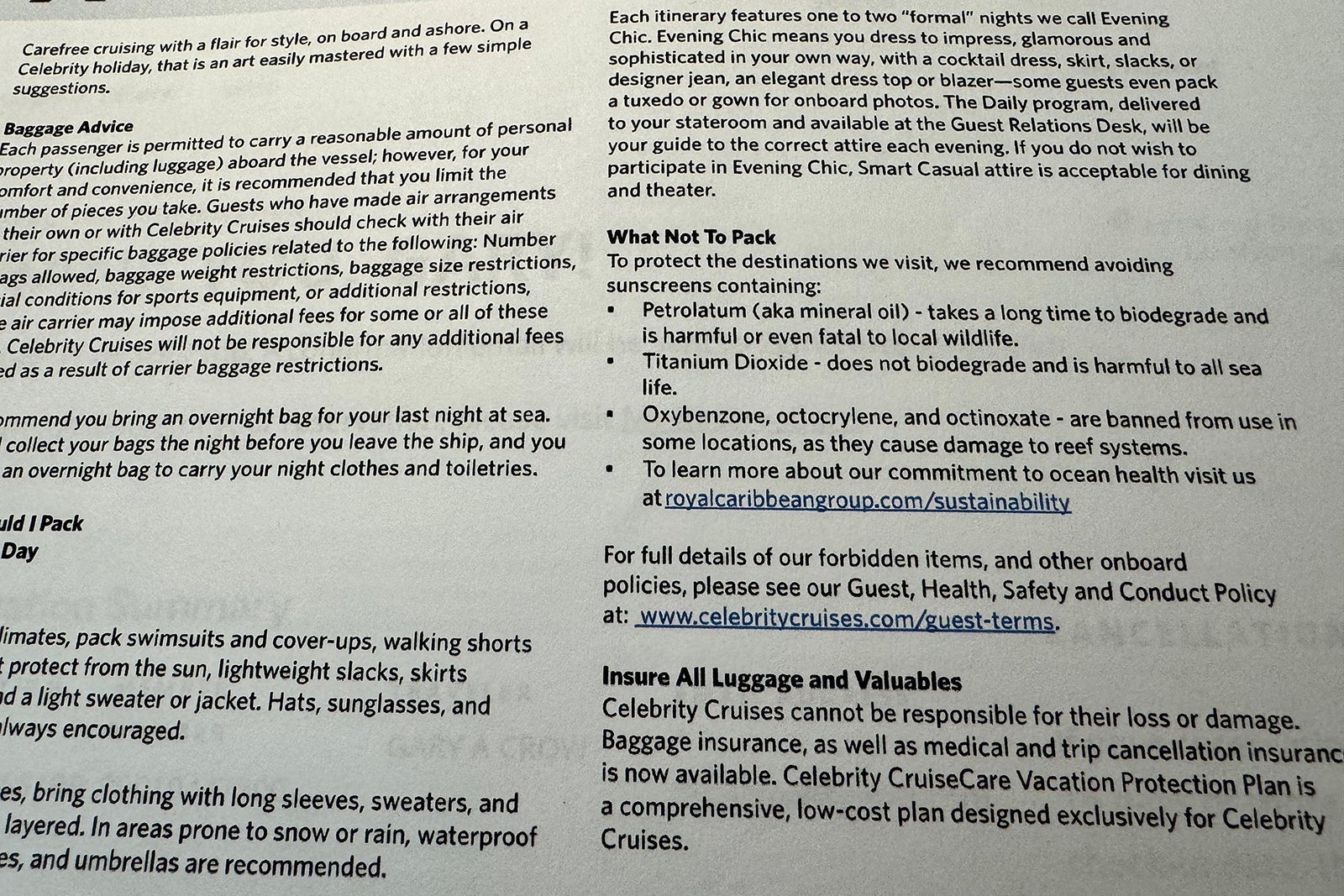 Cruise line's "what not to pack" guidelines.