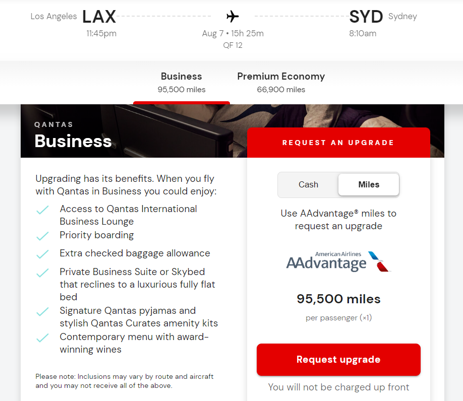 Upgrade Qantas flight with American miles