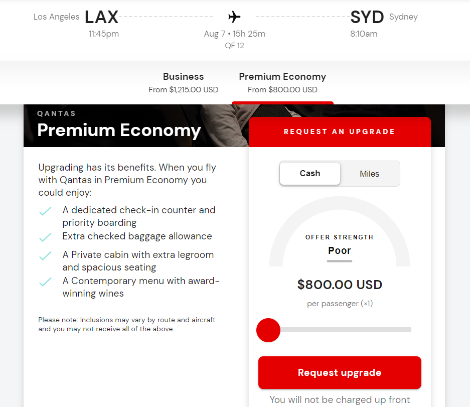 Upgrade Qantas flight with cash