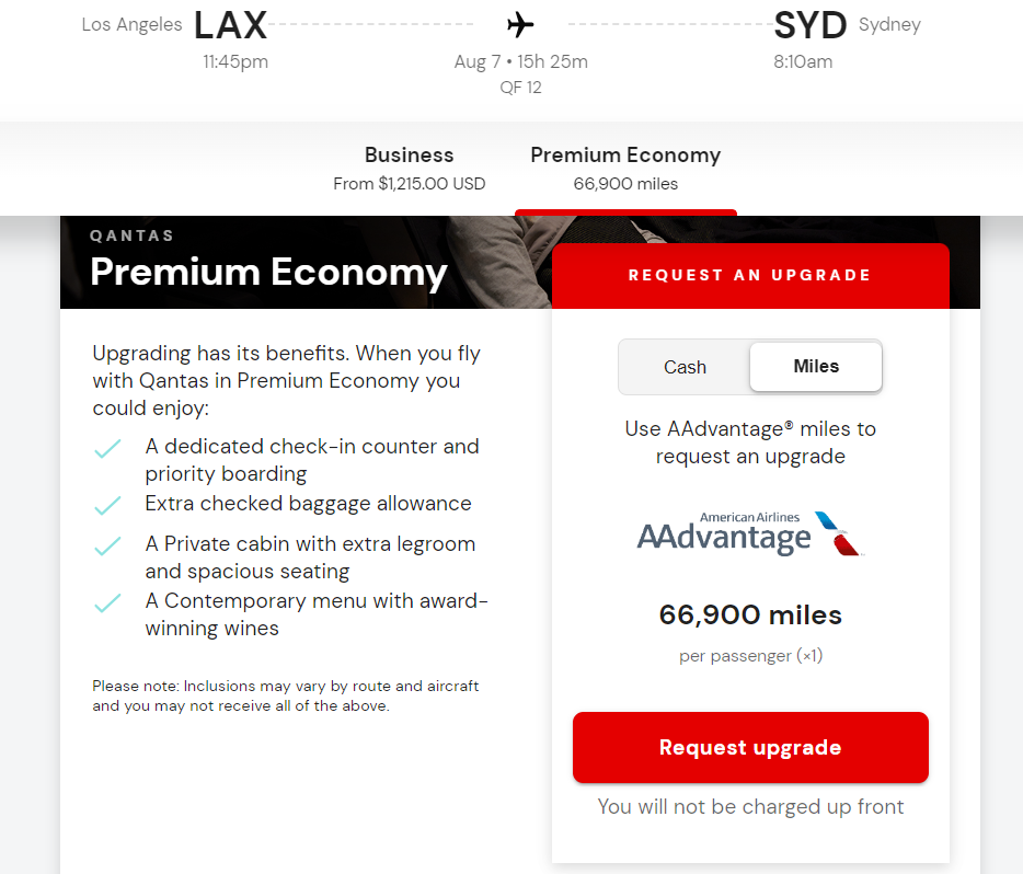 Upgrade Qantas flight with American miles