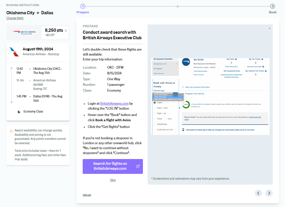 Point.me instructions for booking awards you find