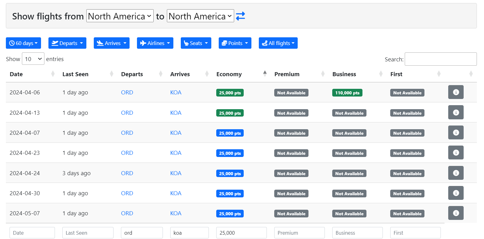 Searching for award flights with seats.aero
