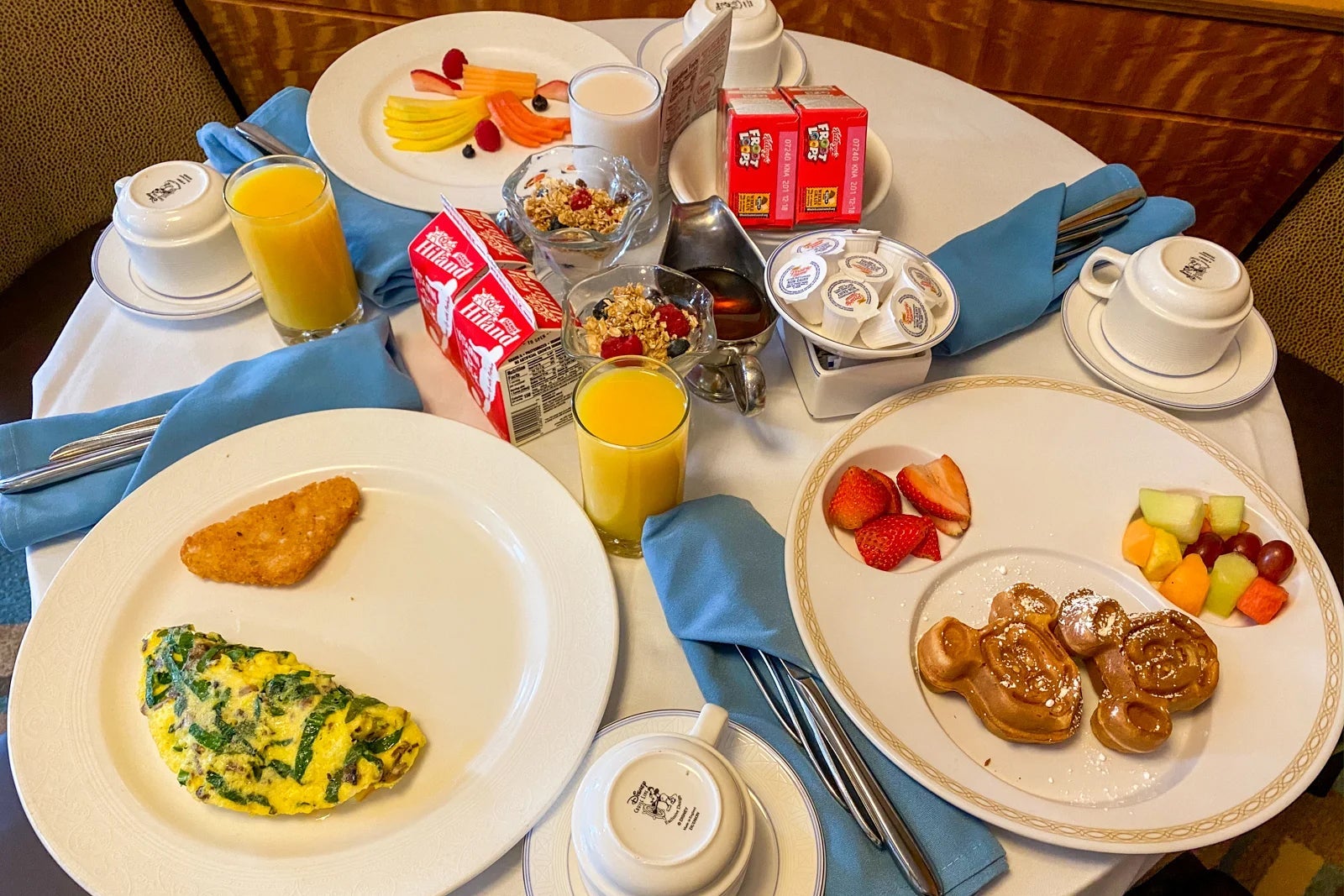 a table with three plates of breakfast foods