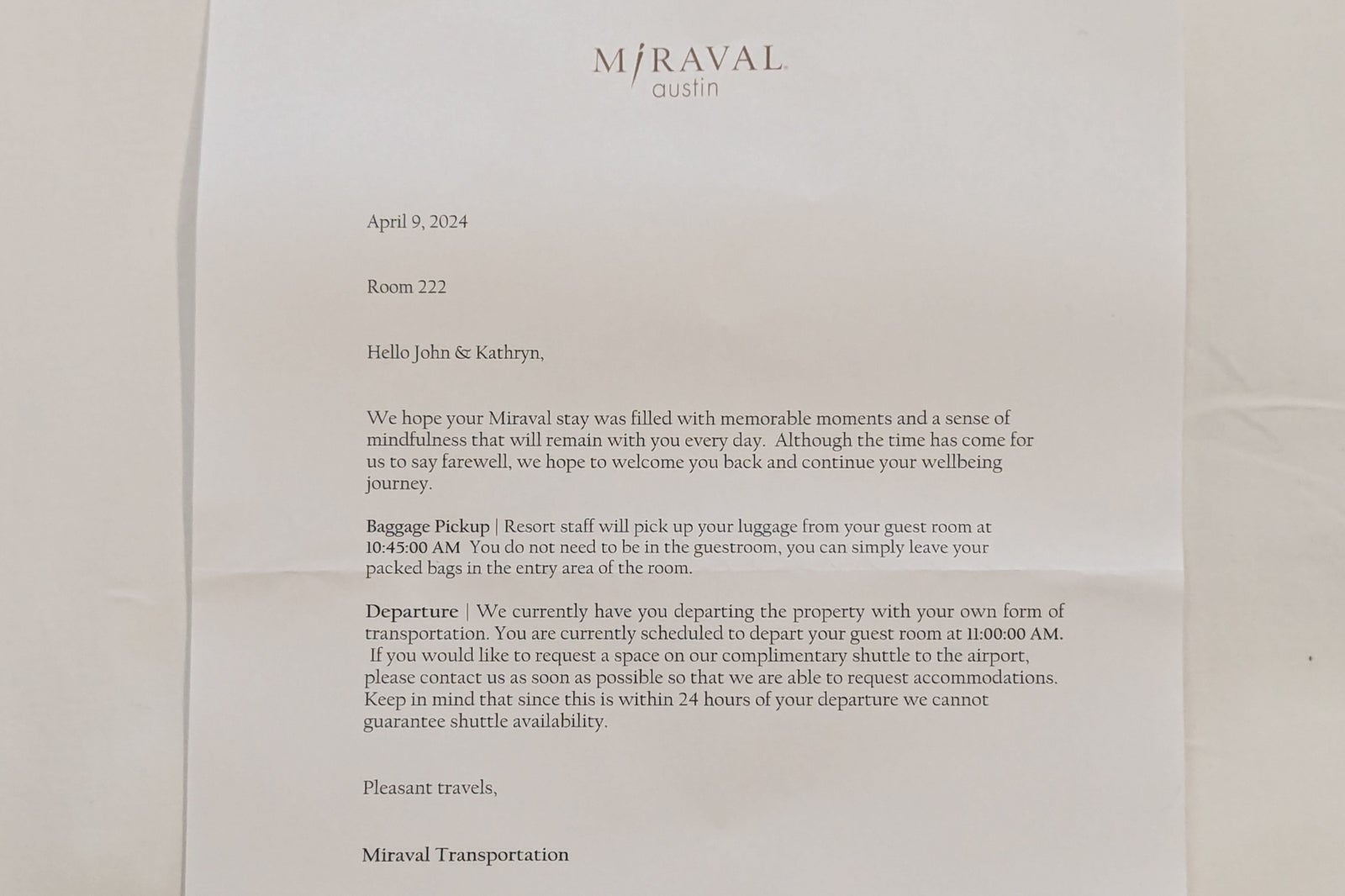 Miraval Austin departure letter