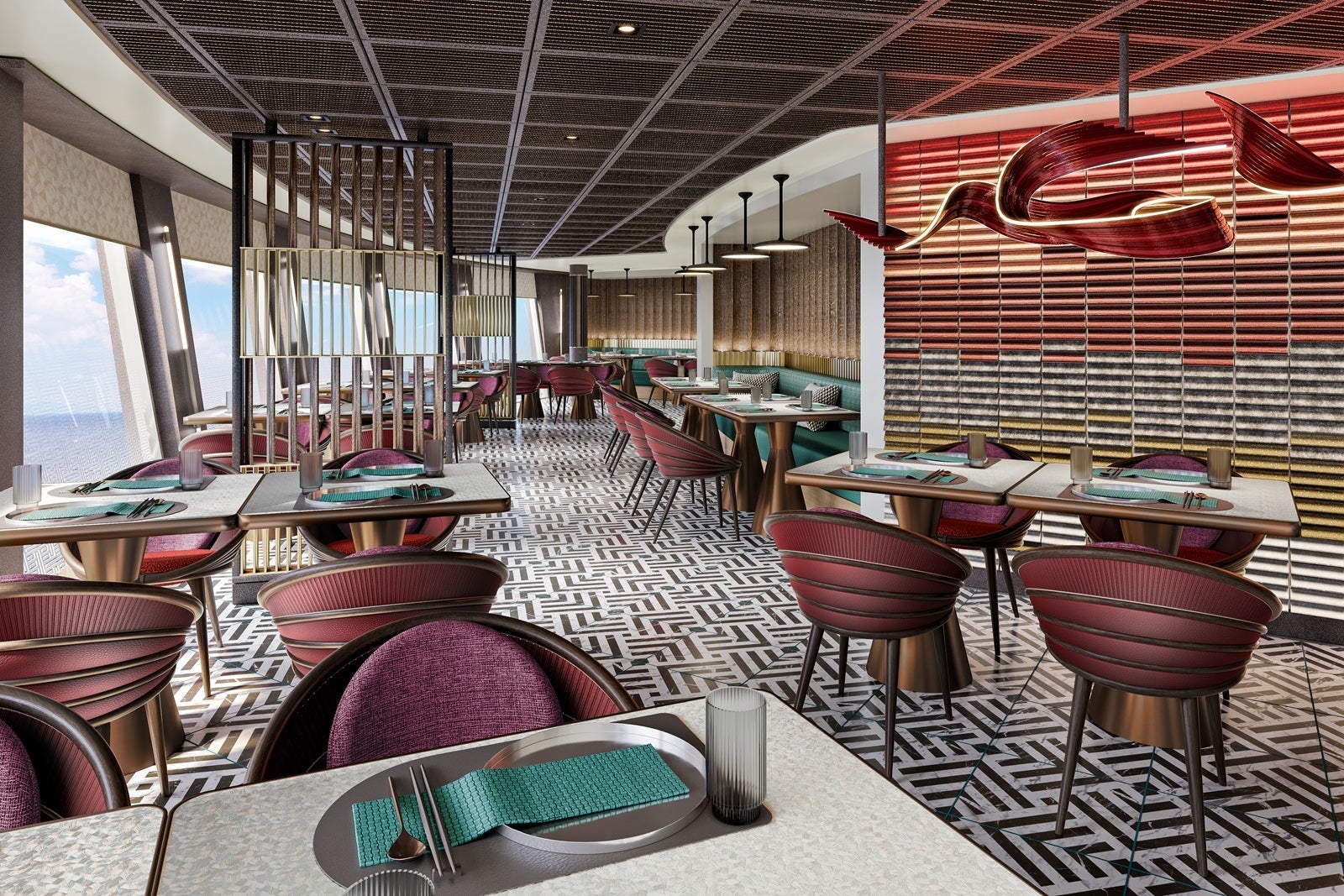 A rendering of a cruise ship restaurant