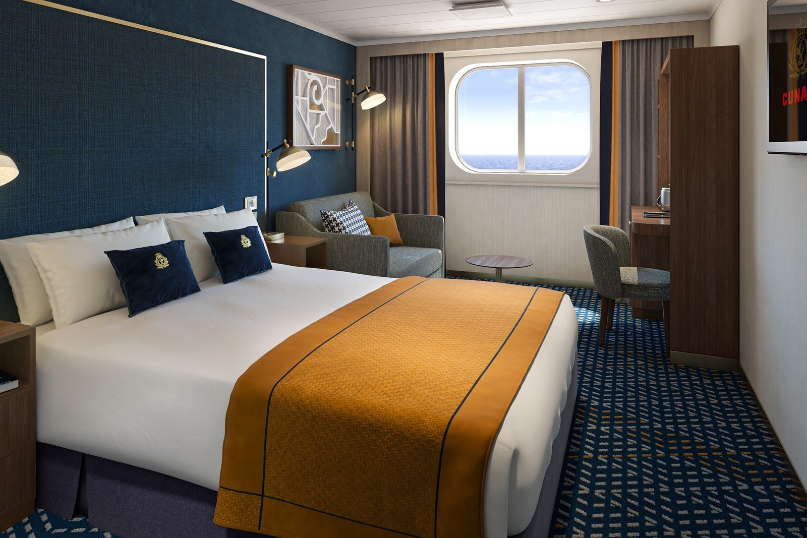 An outside cabin on a Cunard ship