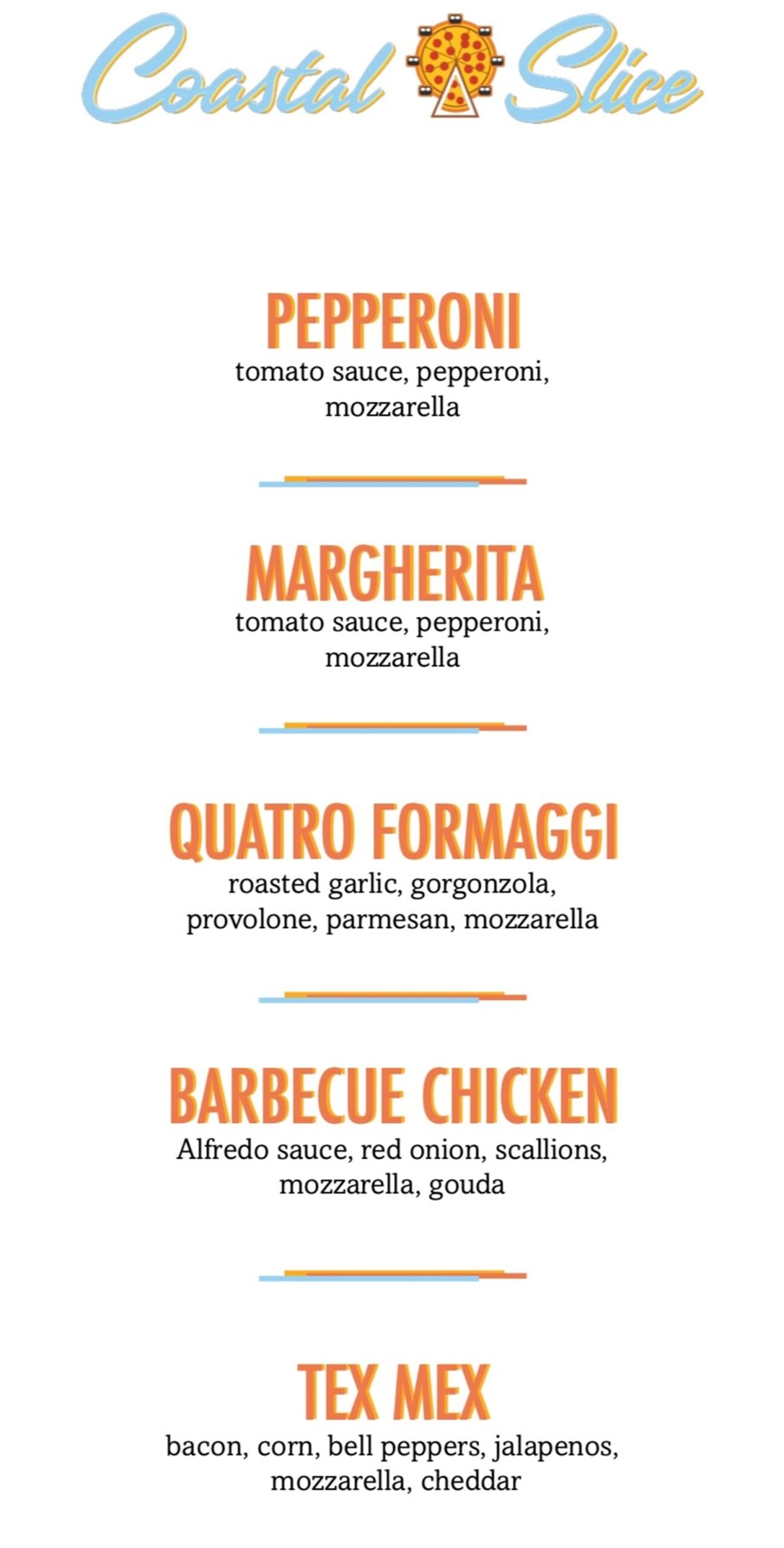 The menu from Coastal Slice, a pizza joint on Carnival Jubilee