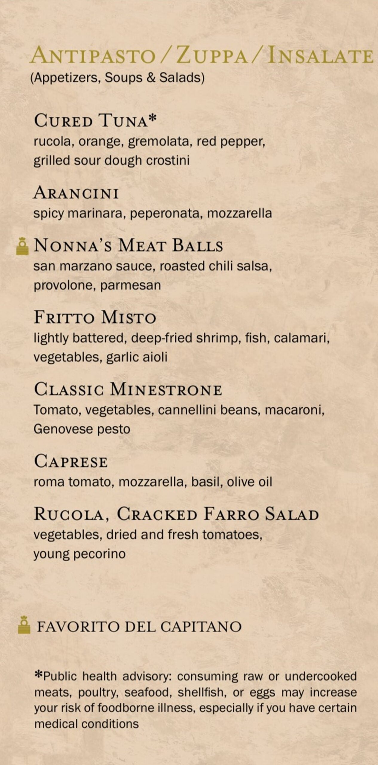 Part of an Italian restaurant menu