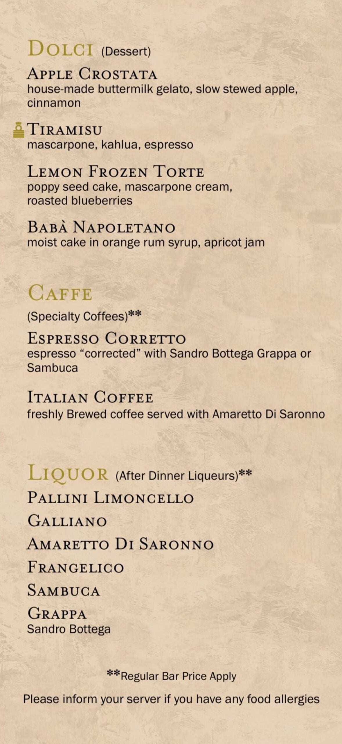 Part of an Italian restaurant menu