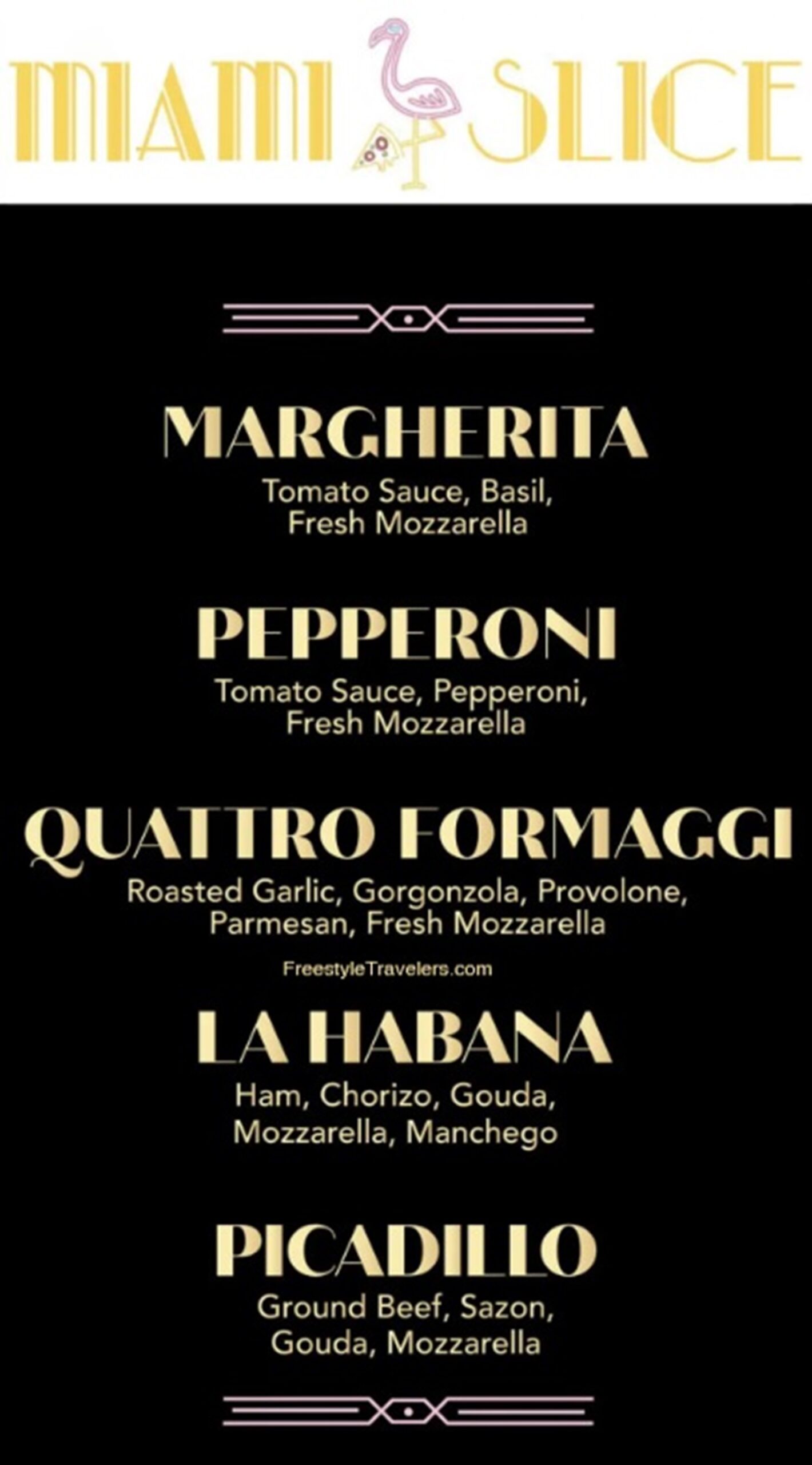 The menu from Carnival Cruise Line's Miami Slice pizza joint