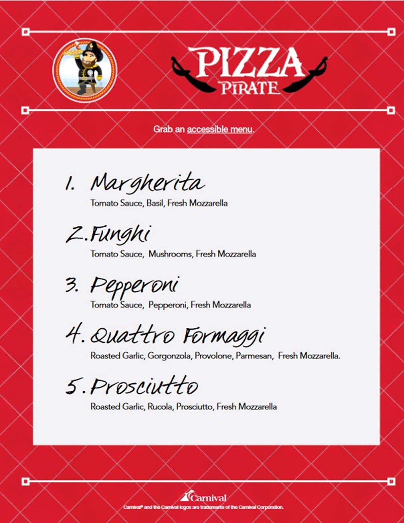 A Pizza Pirate menu from a Carnival cruise ship