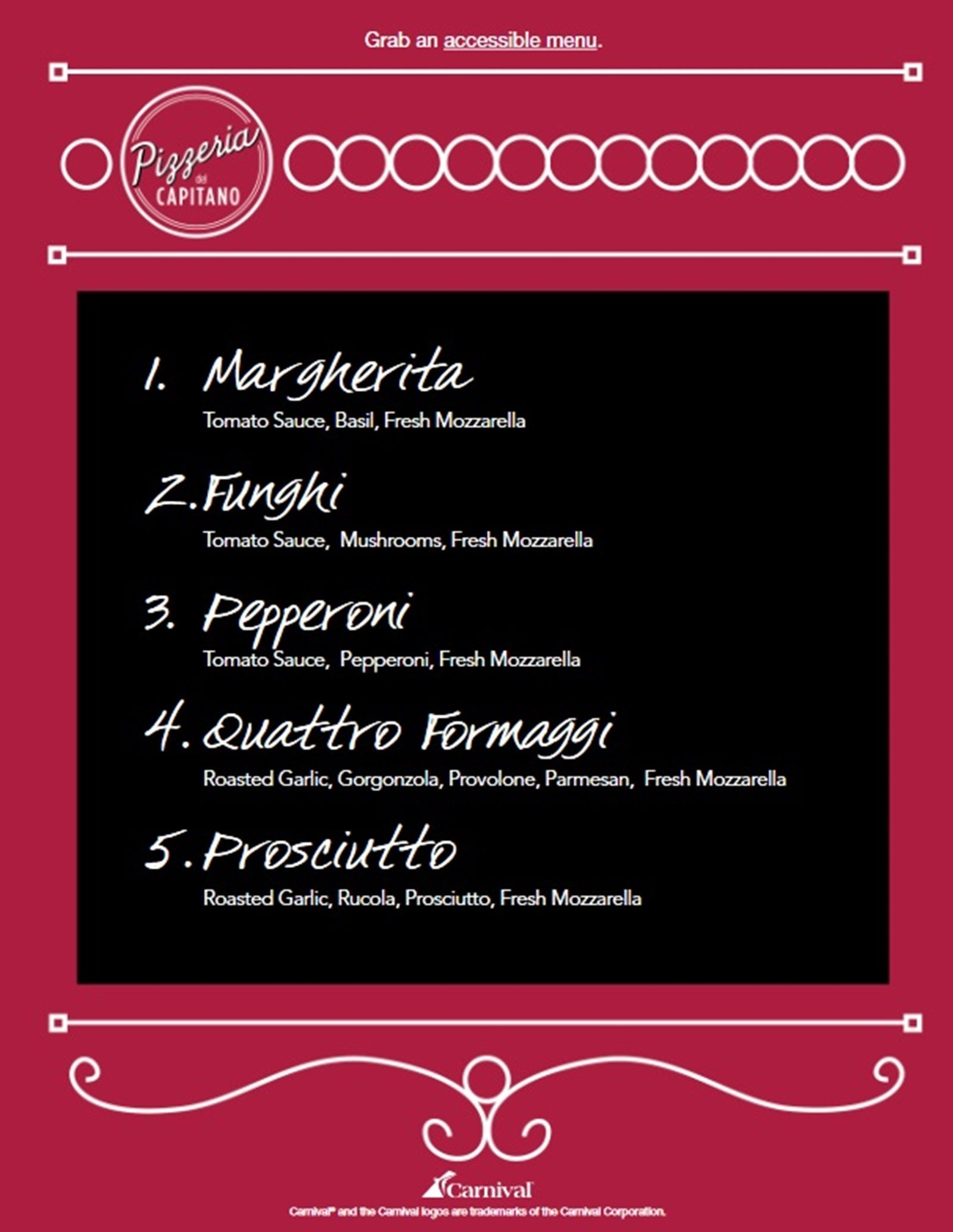 A menu from Carnival's Pizzeria del Capitano pizza restaurant