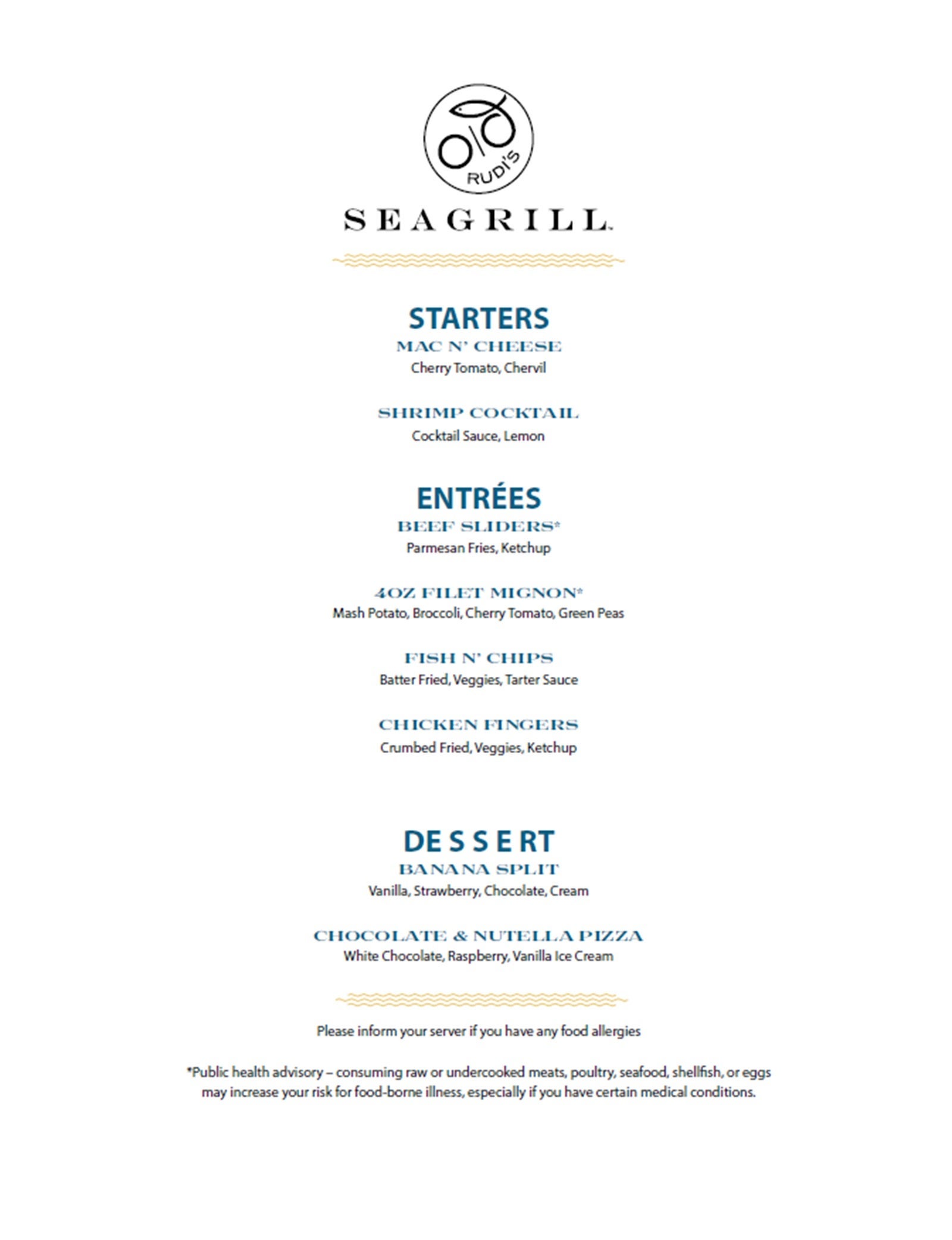 A children's menu from Rudi's Seagrill on Carnival Cruise Line