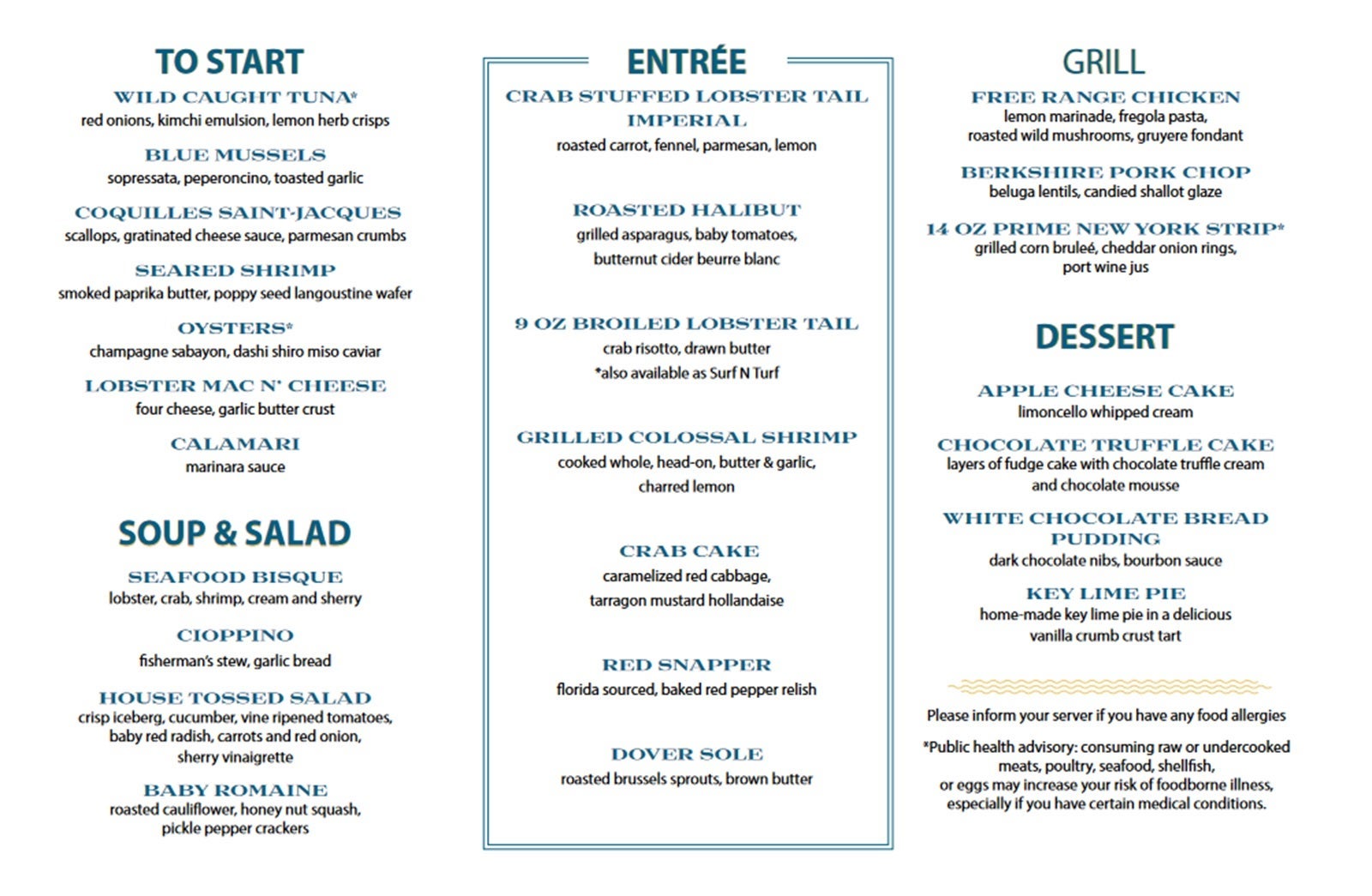 Part of a seafood restaurant menu