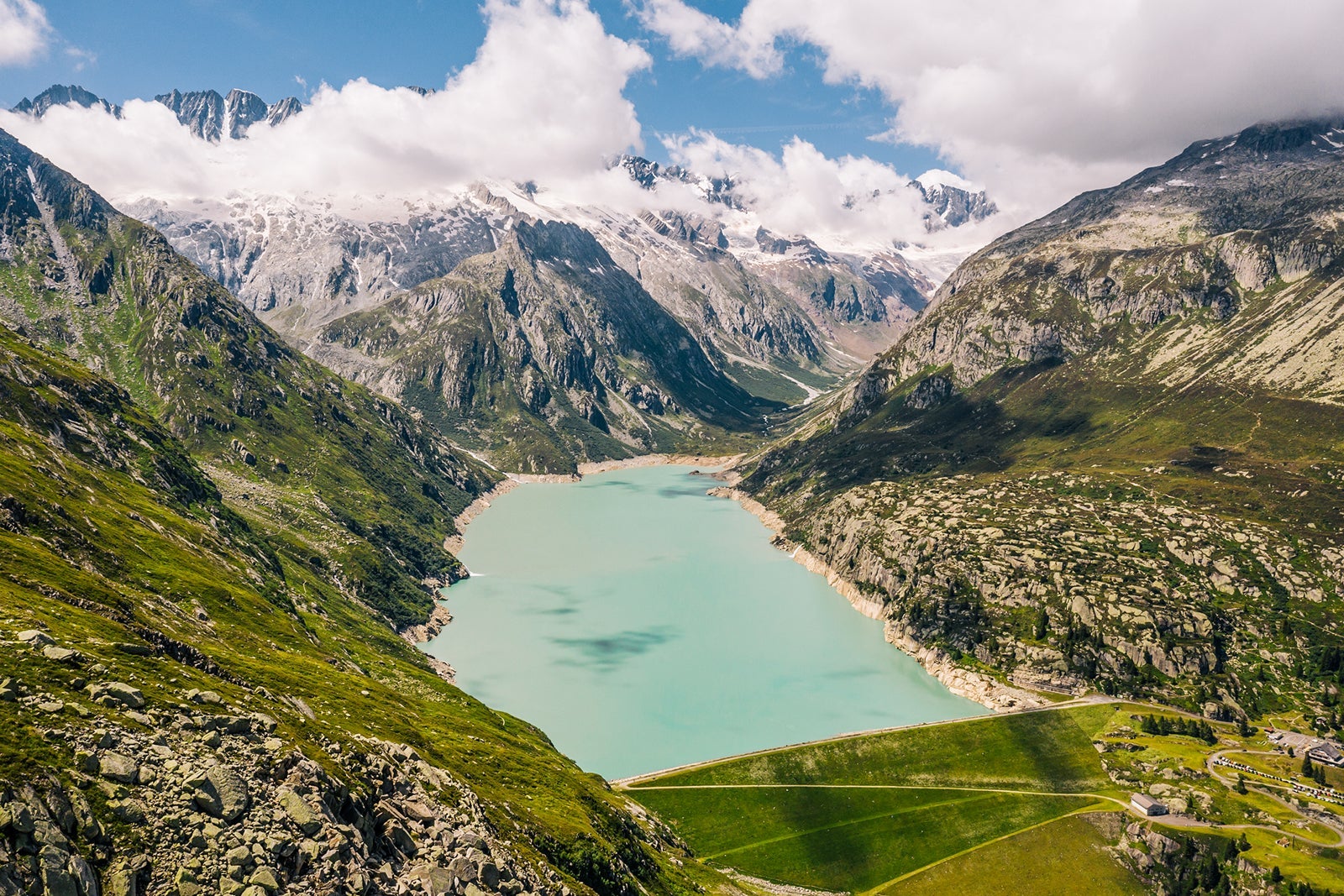 Aerial view of the Goscheneralp lake and dam near Andermatt in Canton Uri in the alps in Switzerland