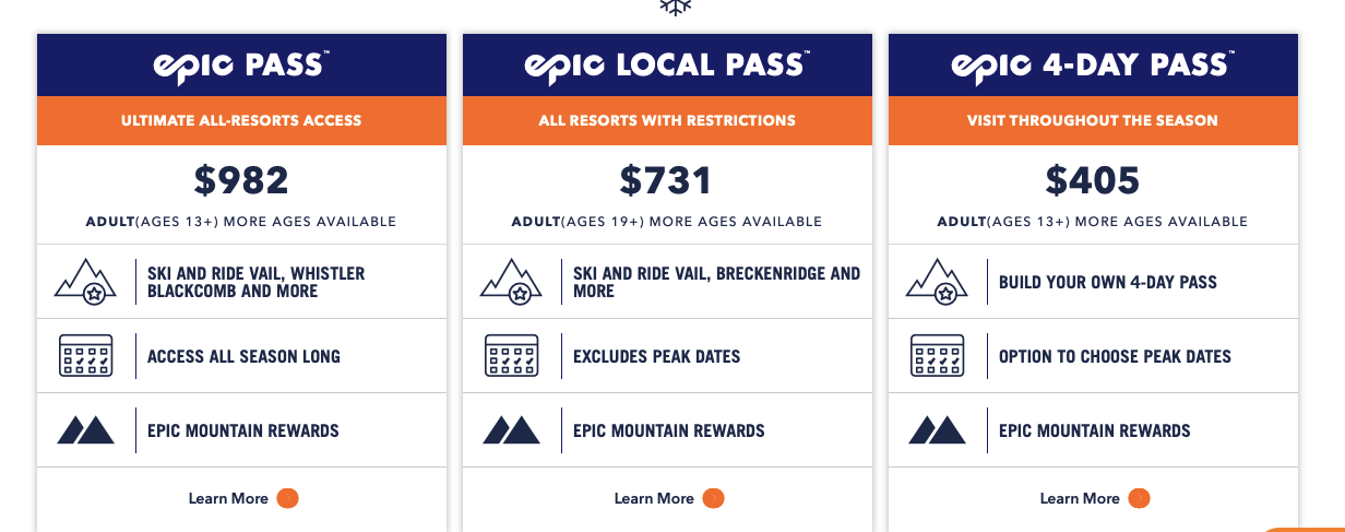 screenshot of Epic Pass options