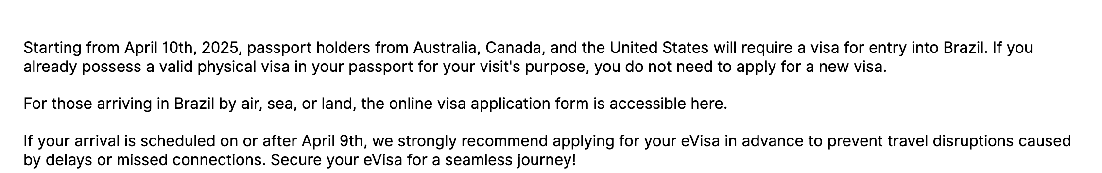 screenshot of VSF Brazil visa application
