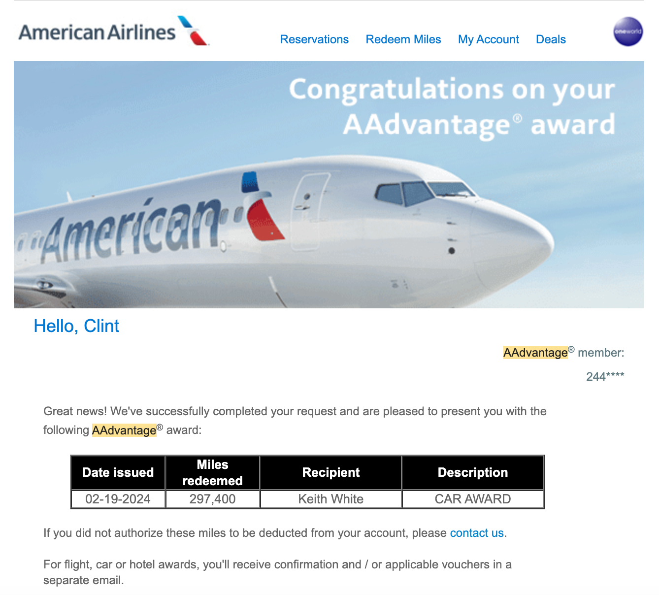 Emailed confirmation of fraudulent booking from American Airlines.