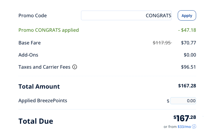 screenshot of discounted Breeze flight