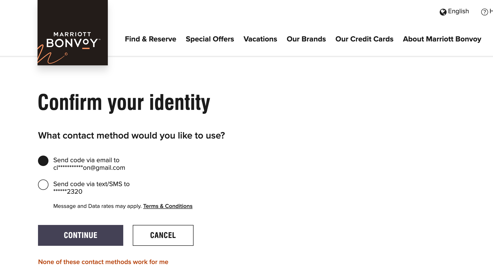 Marriott two-factor authentication prompt.
