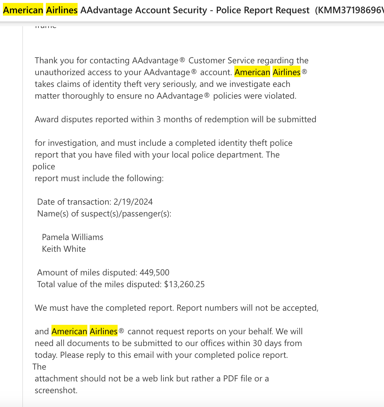 AAdvantage fraud department email.
