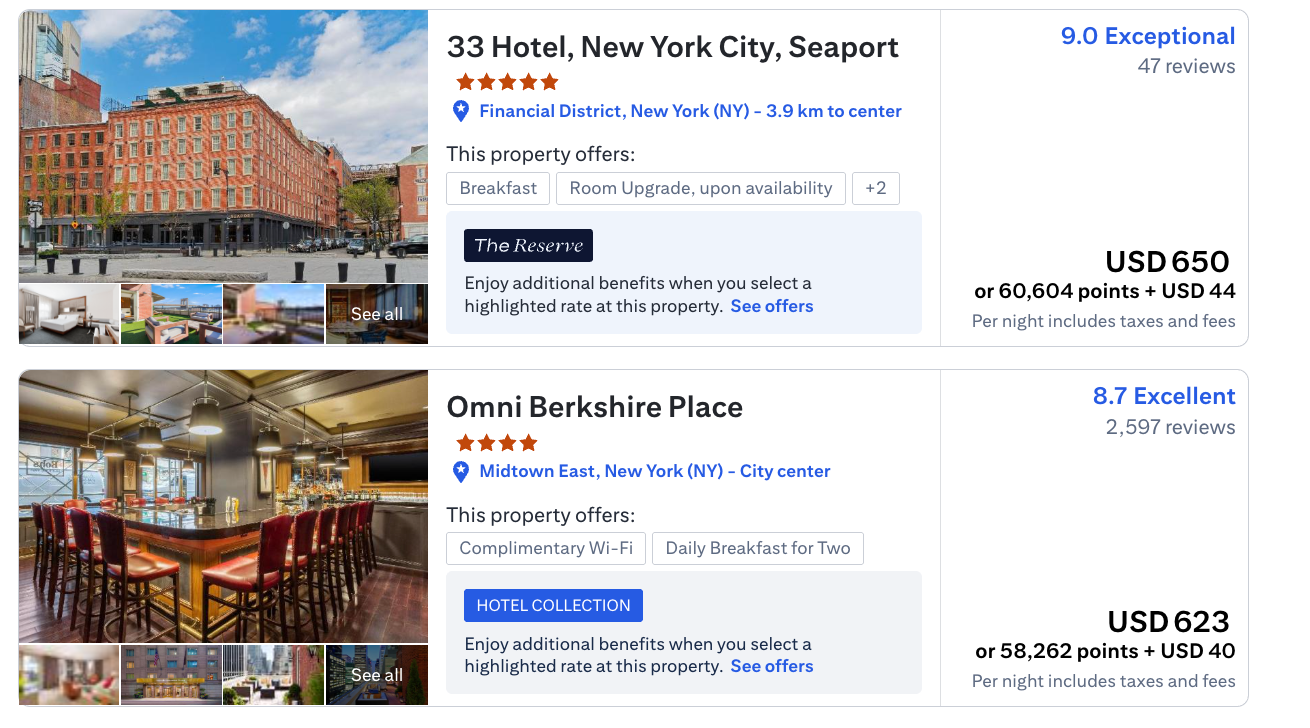 Citi Travel New York hotels search results
