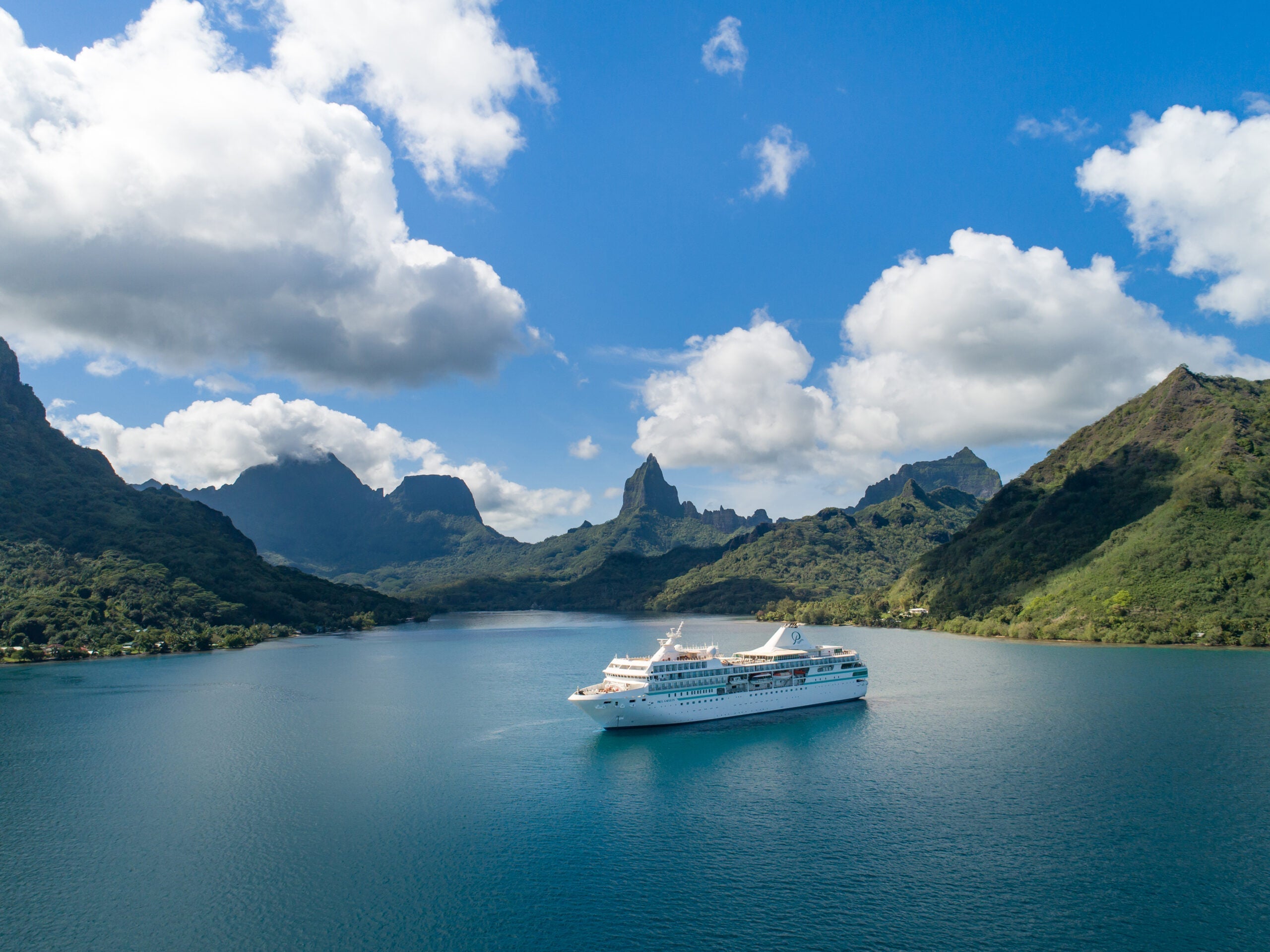 The Gauguin anchored in Moorea in French Polynesia