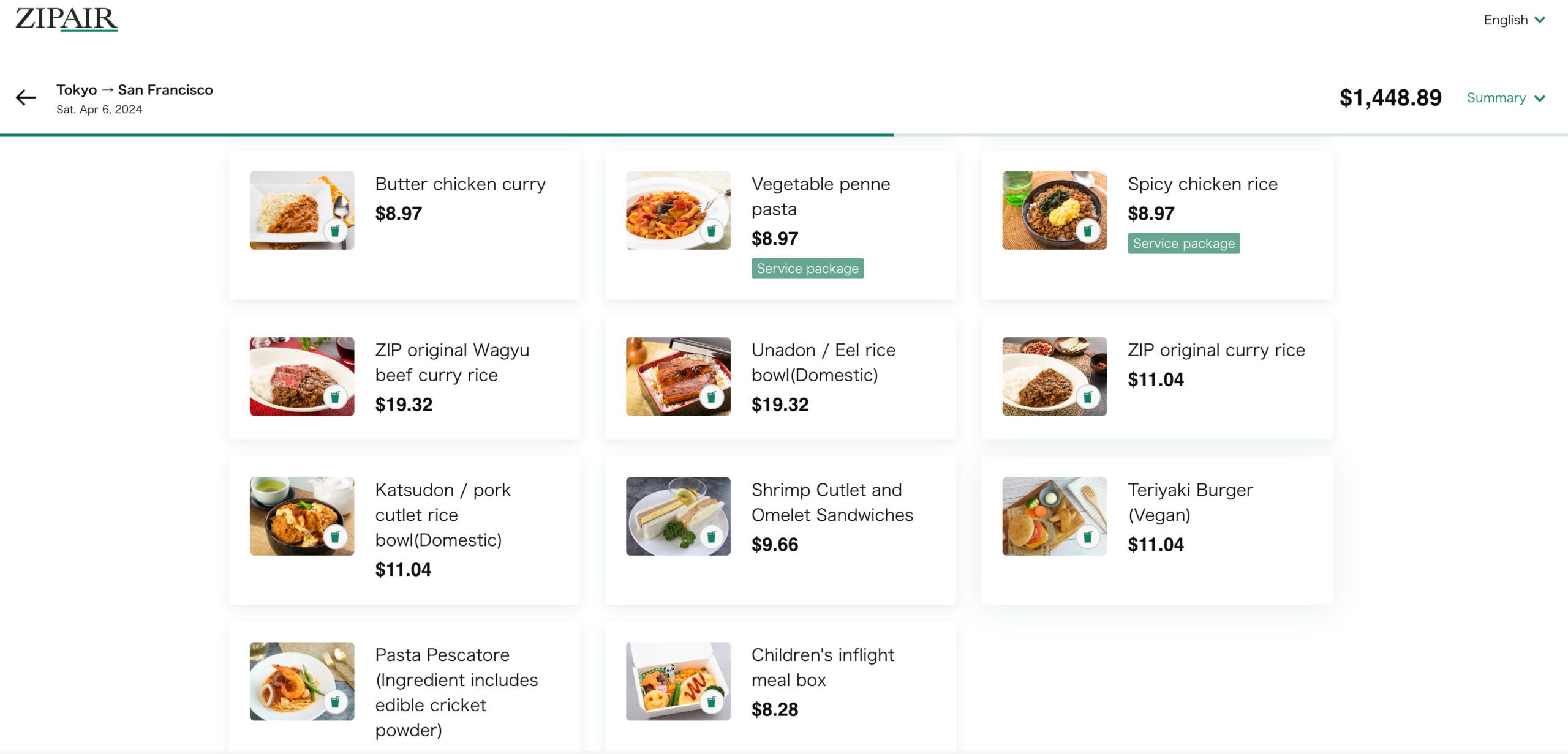 ZIPAIR Meal Selection Options