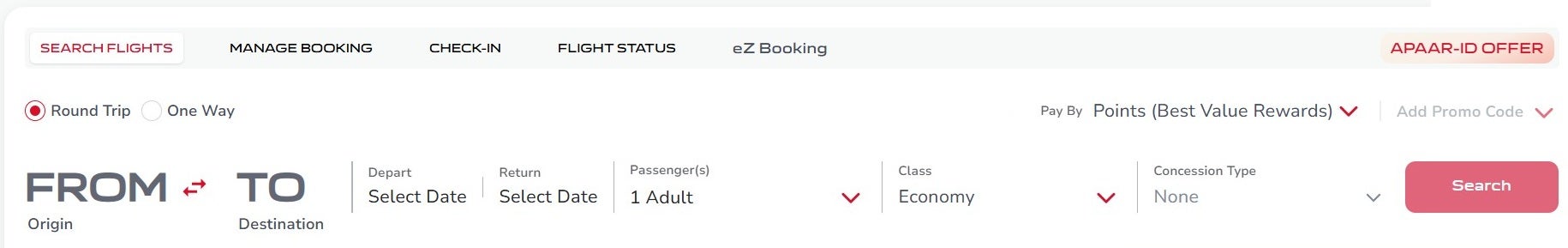 Redeem points for a flight on the Air India website