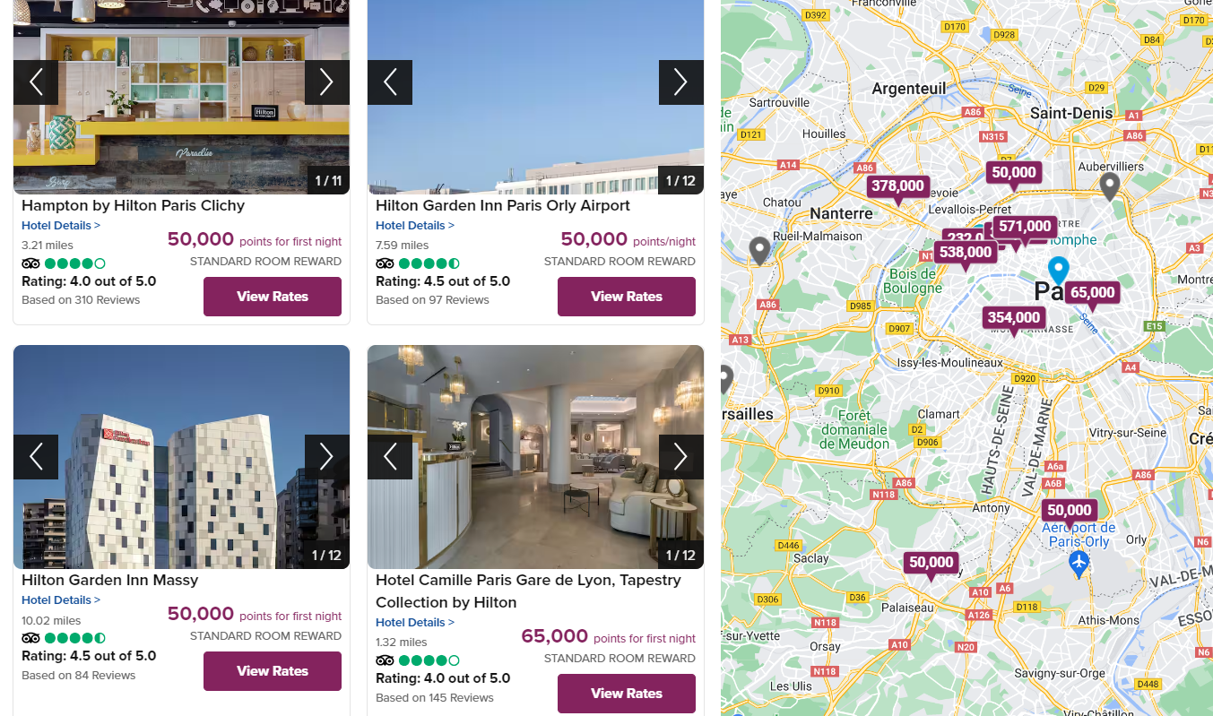 Hilton Honors award availability in Paris for a Aug 4-9 stay