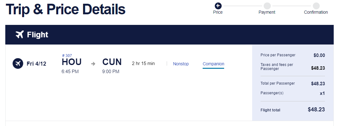 Adding Southwest companion to flight