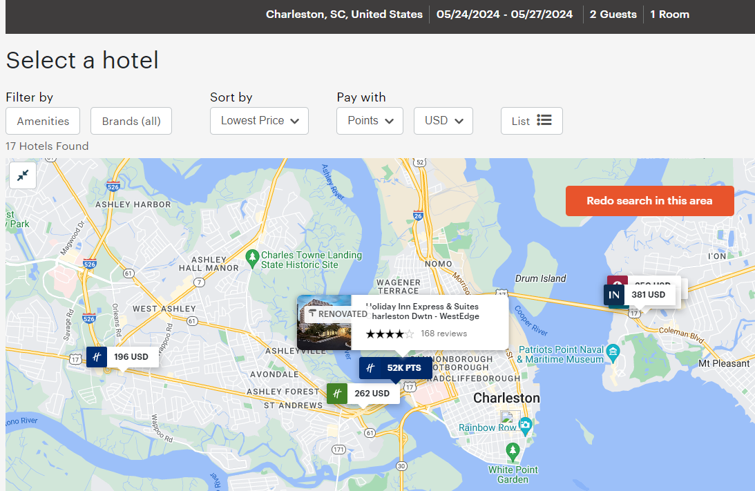 Redeeming IHG points for a stay in Charleston