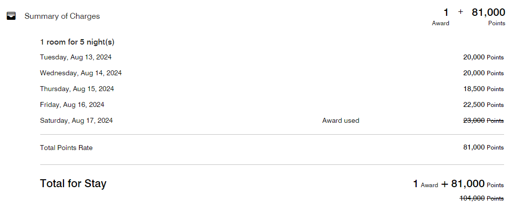 Marriott five night stay with a free night award