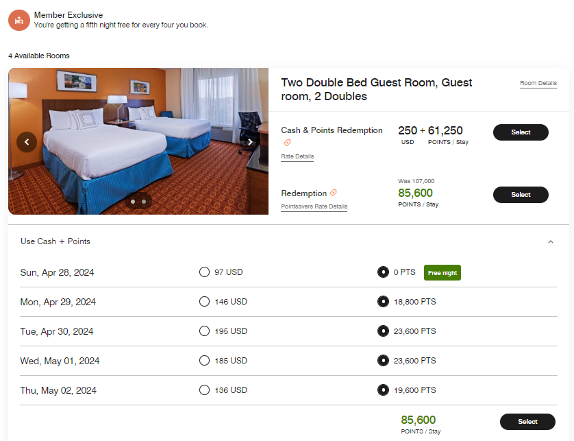 Marriott PointSavers with stay 5, pay for 4 perk