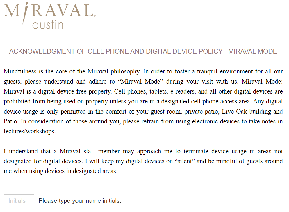 Miraval Austin digital device agreement