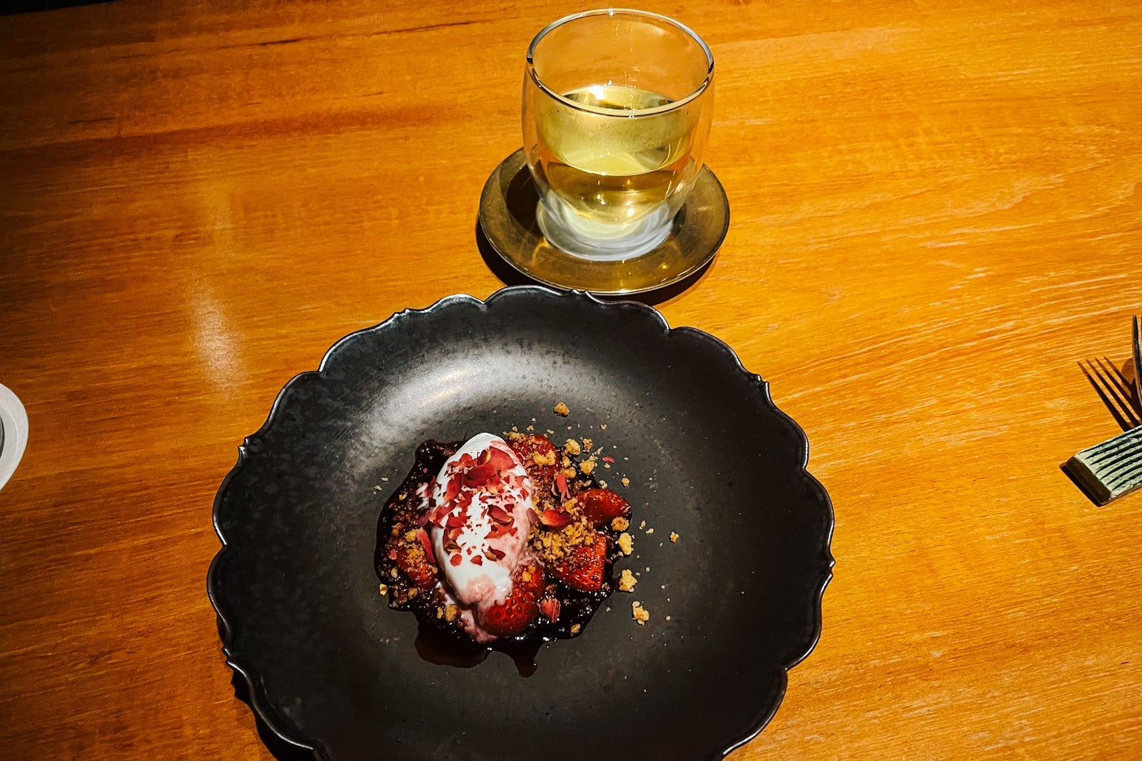 Strawberry with rose and fromage blanc