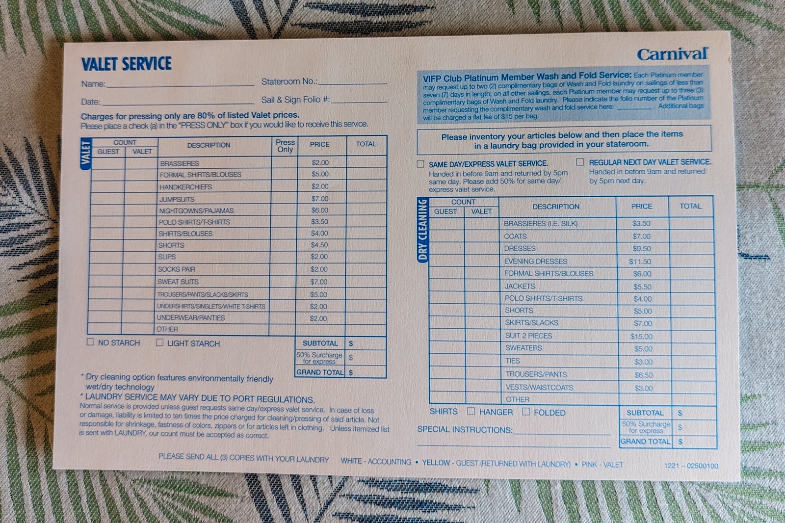 Carnival Glory laundry