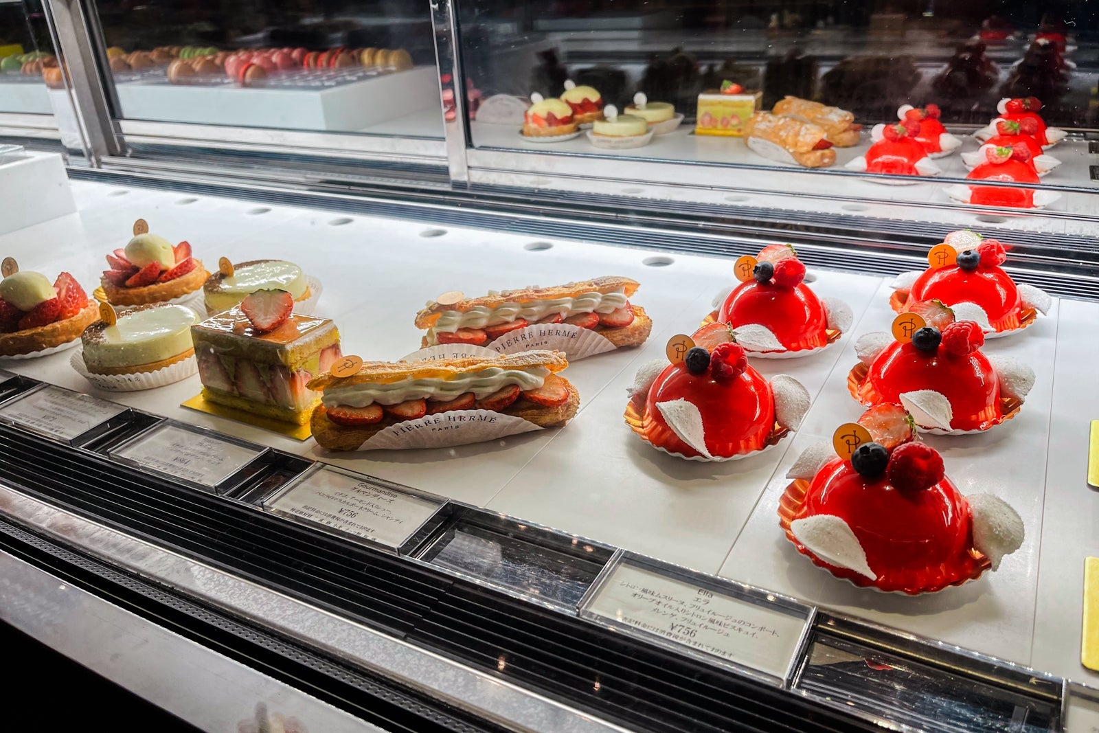 Case of desserts at Pierre Herme Paris bakery at The Ritz-Carlton, Kyoto