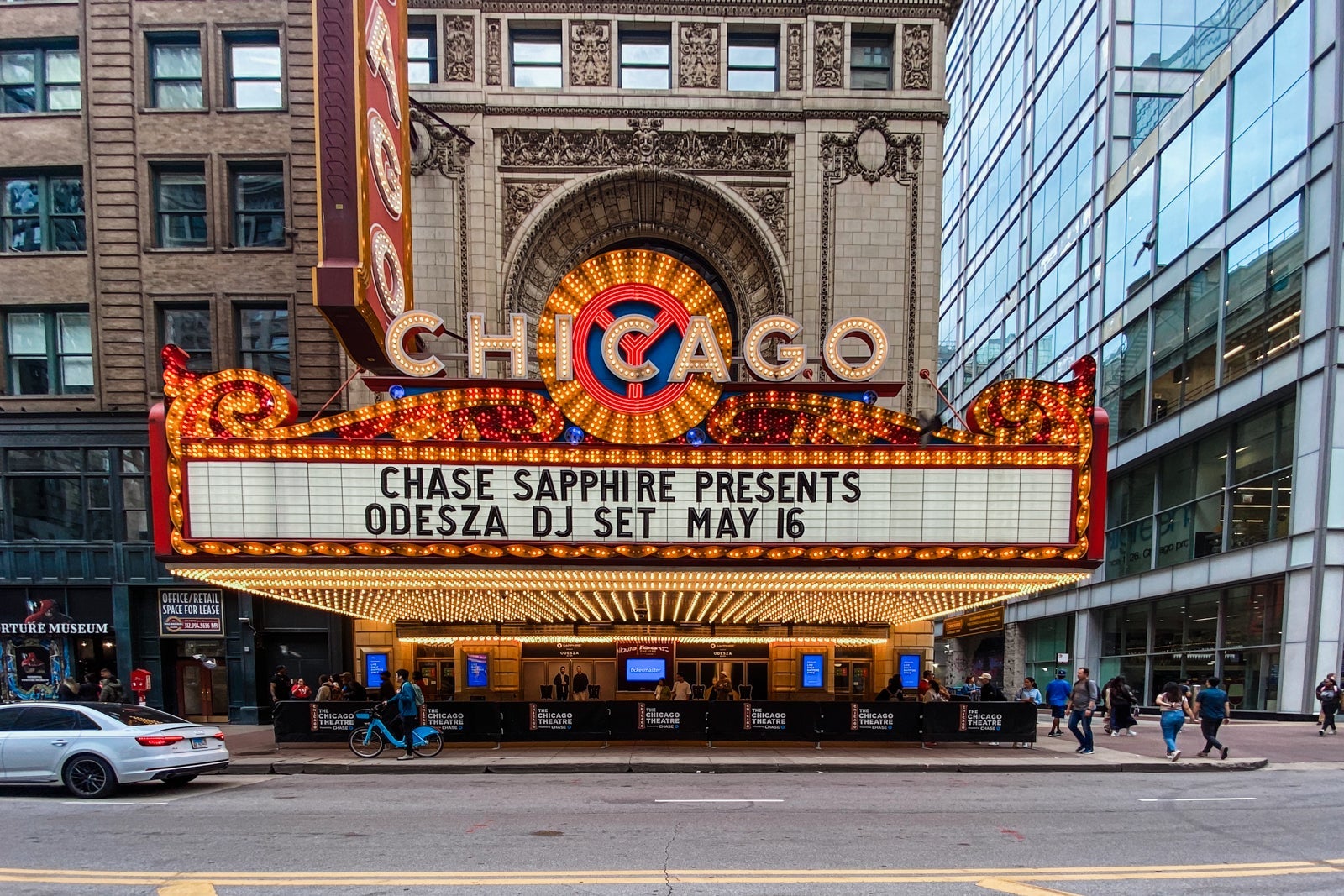 The exterior of the Chicago Theater in Chicago, Illinois