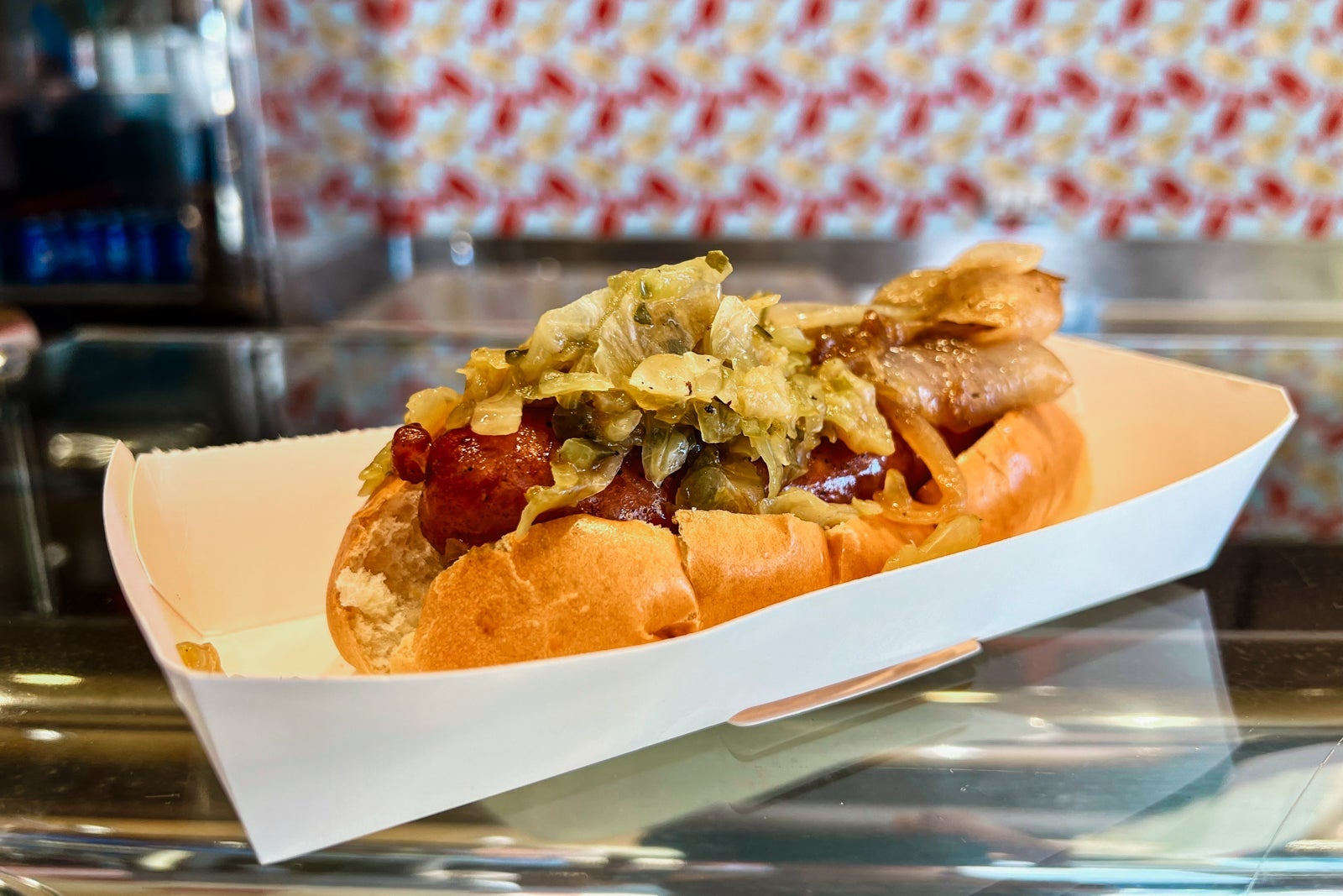 A brat from the Boardwalk Dog House