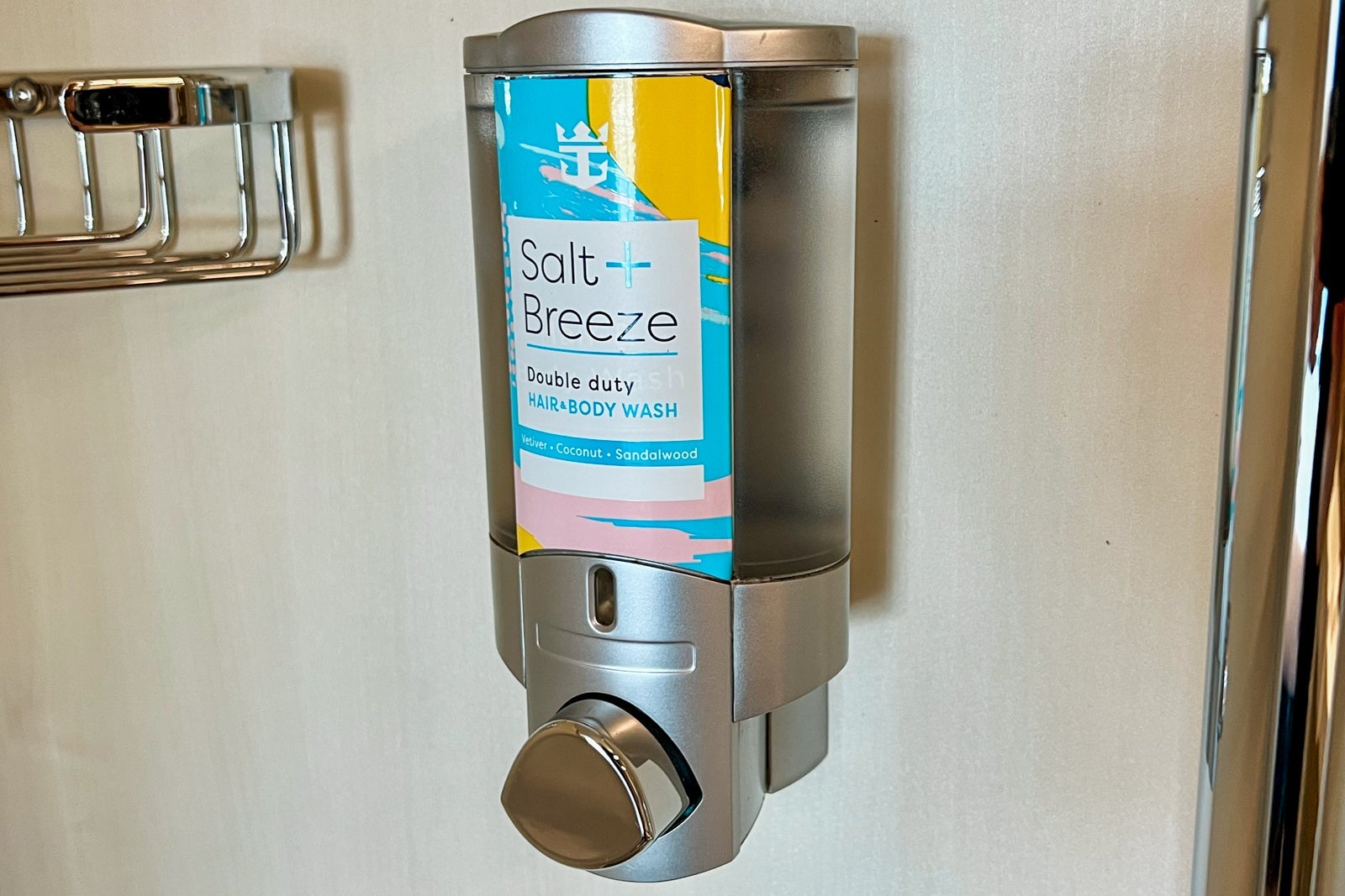 A combination soap and shampoo liquid in a Symphony of the Seas cabim shower