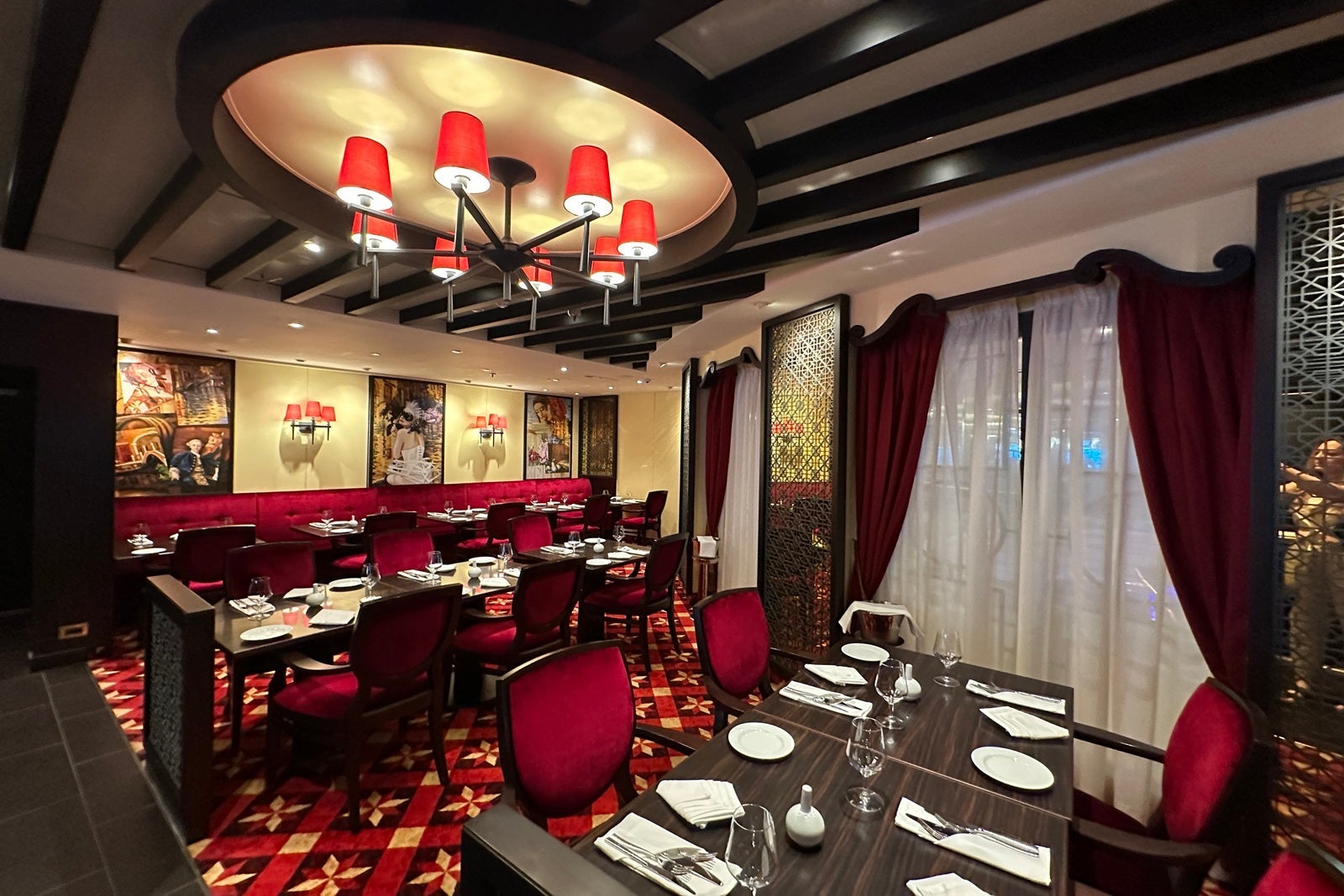 A red and black cruise ship restaurant