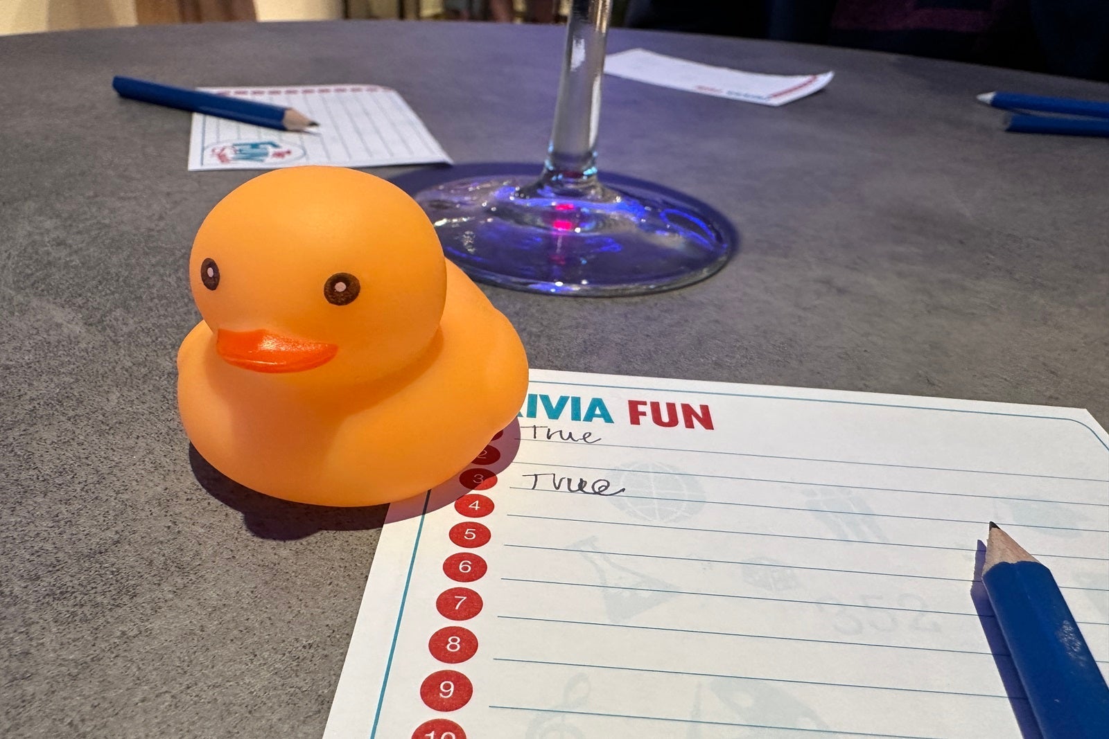 A rubber duck sitting on a trivia sheet